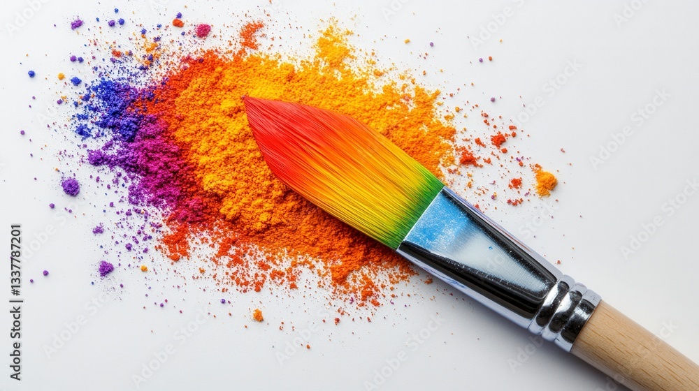 Fototapeta premium Vibrant rainbow paint powder explosion around a paintbrush on white background. Colorful pigments scattered, artistic and creative image.