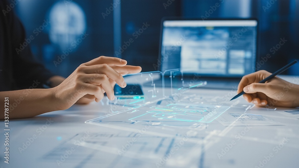 Hands interact with holographic digital blueprint over a table during a planning meeting. Hands interact with holographic digital blueprint over a table during a planning meeting.