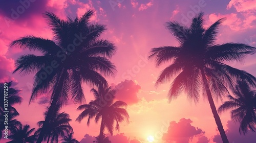 Dreamy Tropical Sunset with Silhouette of Palm Trees Against Sky