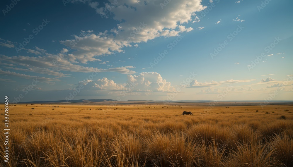 Fototapeta premium Golden Grassy Landscape with Wispy Clouds and Distant Mountains