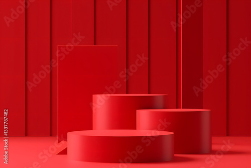 The red background and red cubes create a bold and vibrant atmosphere. The cubes are arranged in a row, with the tallest one in the middle and the shortest one on the right
