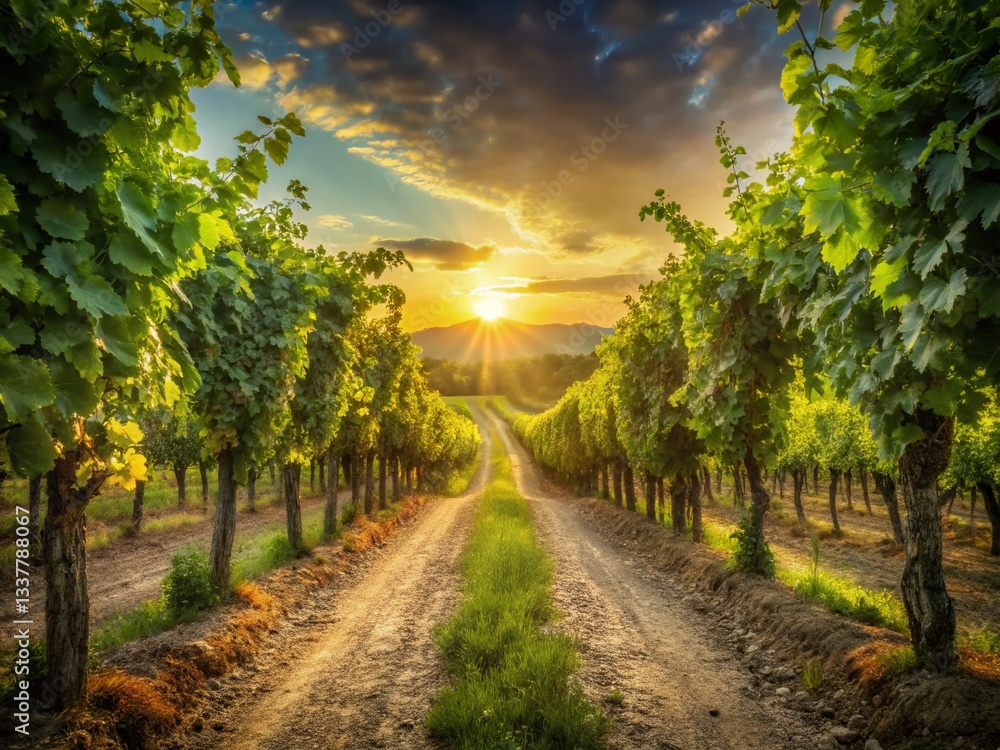 Obraz premium Penedès Vineyard Sunset: Double Exposure of Grapevines and Forest Path