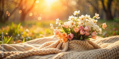 Peach & White Spring Flower Bouquet on Knitted Blanket - Outdoor Stock Photo