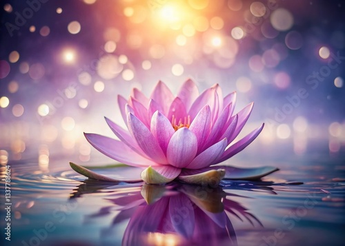 Pink and Light Purple Lotus Flower Floating on Sparkling Water,  Spiritual Serenity Stock Photo