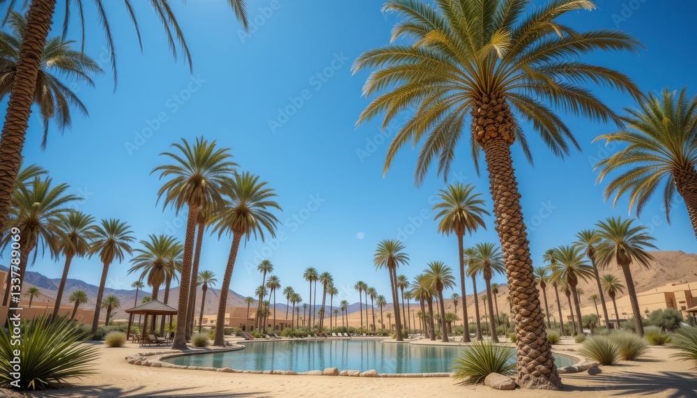 Tranquil Desert Oasis with Palm Trees and Clear Blue Sky Tranquil Desert Oasis with Palm Trees and Clear Blue Sky