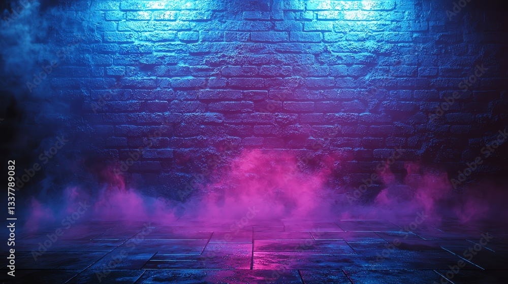 Obraz premium Illuminated Brick Wall with Mist and Neon Lighting Providing a Stage Effect