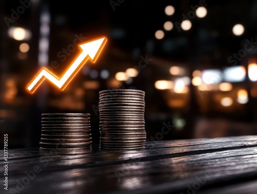 Stacks of coins with an upward arrow symbolizing financial growth and investment success.