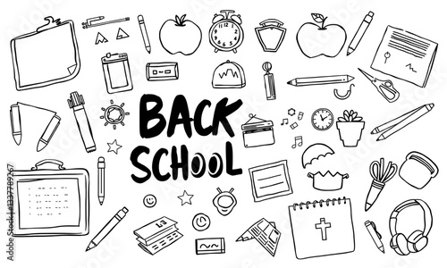 Back to school season brings excitement and preparation with various school supplies and symbols. This illustration features items like pens, notebooks, apples, and clocks, capturing essence of