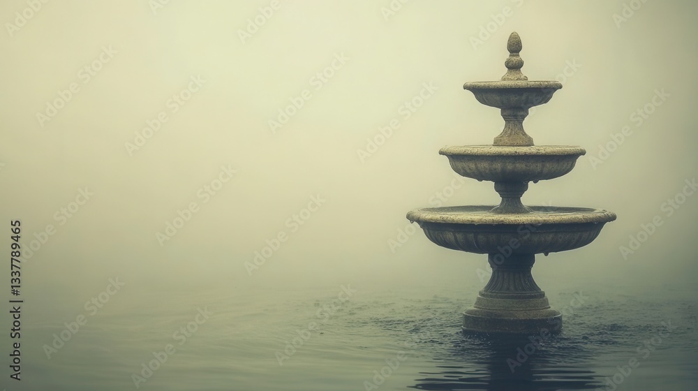 A three tiered stone fountain sits in a misty pond, the soft light creating a serene and tranquil atmosphere. The muted colors and soft focus enhance the peaceful mood. A three tiered stone fountain sits in a misty pond, the soft light creating a serene and tranquil atmosphere. The muted colors and soft focus enhance the peaceful mood.