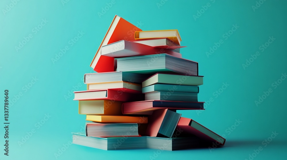 Vibrant Stack of Colorful Books on a Turquoise Background in Studio Shot Vibrant Stack of Colorful Books on a Turquoise Background in Studio Shot