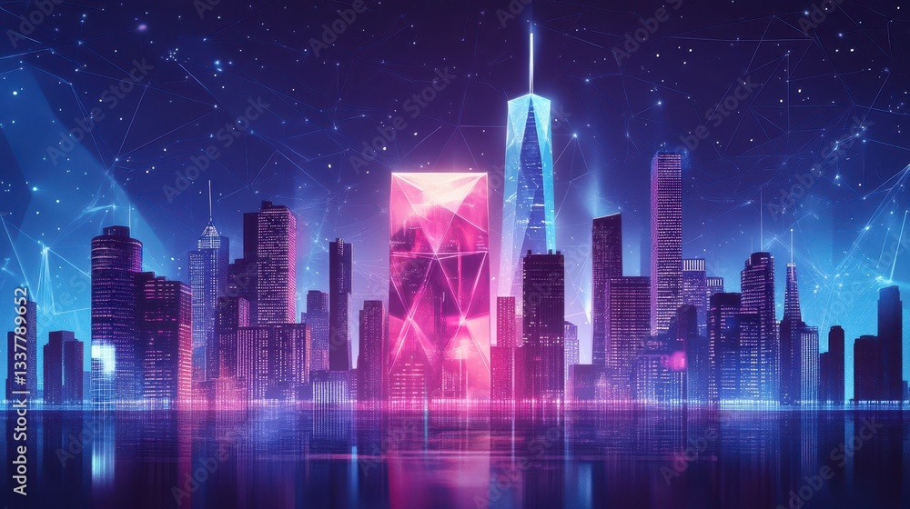 Obraz premium Neon Cityscape Futuristic Metropolis at Night with Glowing Skyscrapers and Digital Network