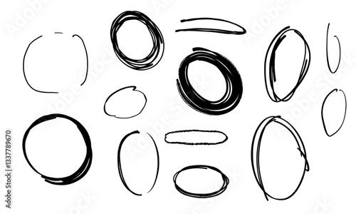 Hand drawn highlight strokes in various elliptical shapes, showcasing creativity and artistic flair. These unique designs can enhance visual presentations and add personal touch