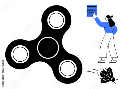 Woman calculating with large calculator, oversized fidget spinner, falling fly. Ideal for focus, stress relief, productivity, play, distraction multitasking problem-solving. Flat simple metaphor