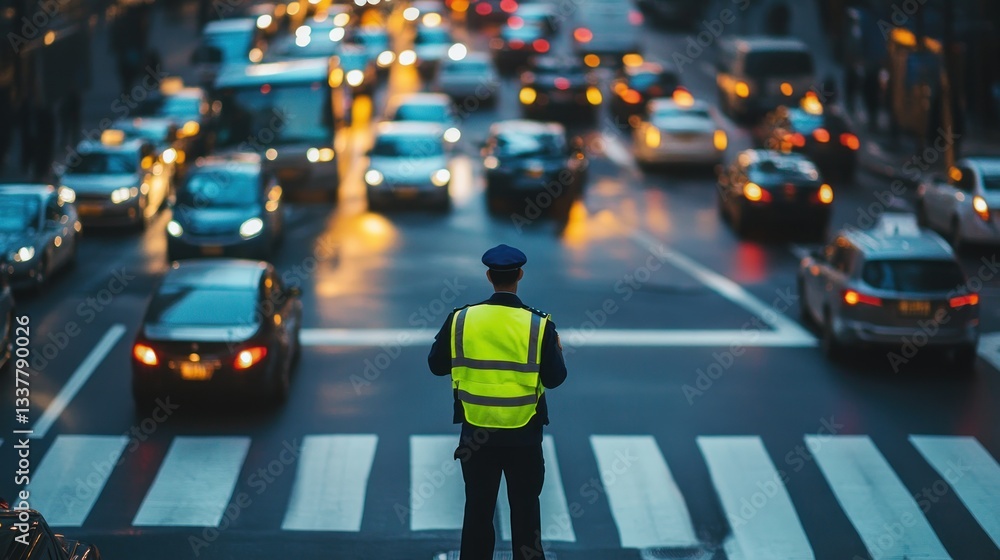 Obraz premium Traffic officer controls busy city road intersection during evening rush hour