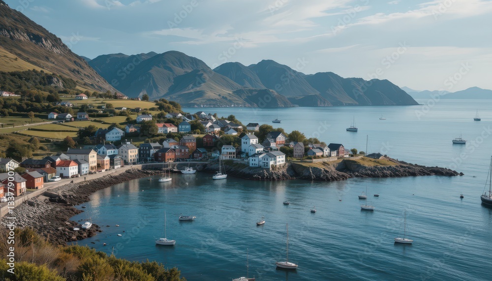 Scenic Coastal Village with Colorful Houses and Calm Waters Scenic Coastal Village with Colorful Houses and Calm Waters