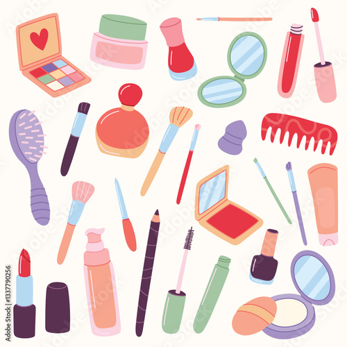 Woman cosmetic products. Beauty make up set of cosmetics, vector set. Cartoon style.