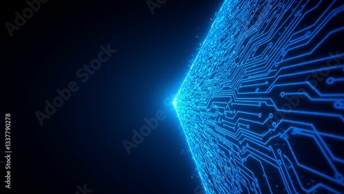 Abstract glowing blue circuit board pattern against a dark background symbolizing technology and innovation.