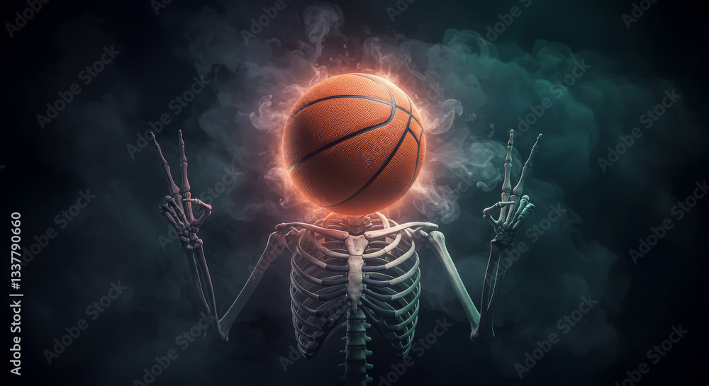 Fototapeta premium A basketball head skeleton is giving peace hand gestures