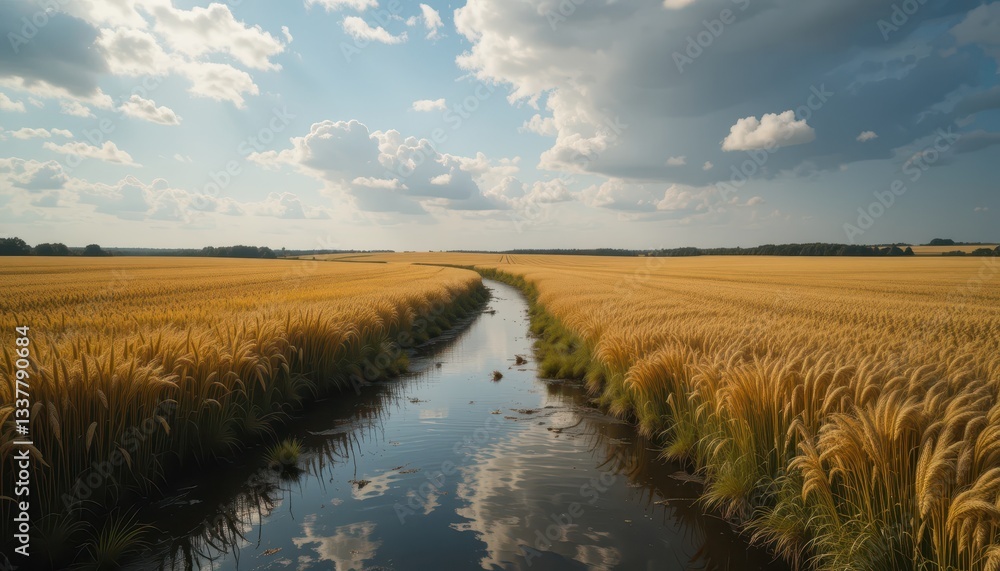 Obraz premium Serene Wheat Fields with Reflection in Clear Stream Under Cloudy Sky