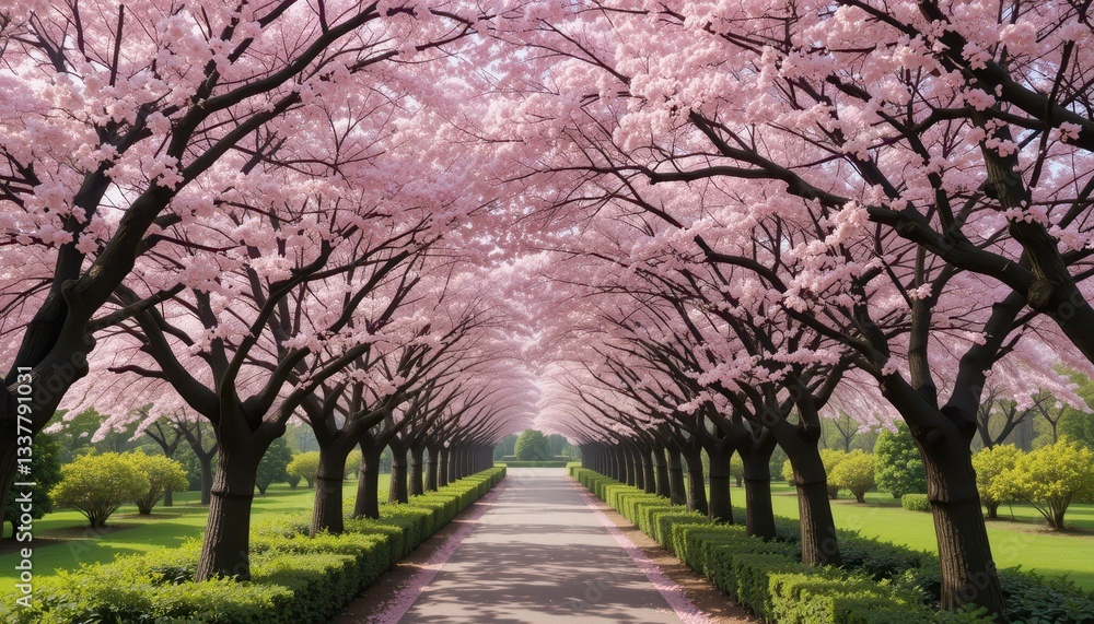 Serene Cherry Blossom Pathway in Blooming Spring Garden Serene Cherry Blossom Pathway in Blooming Spring Garden