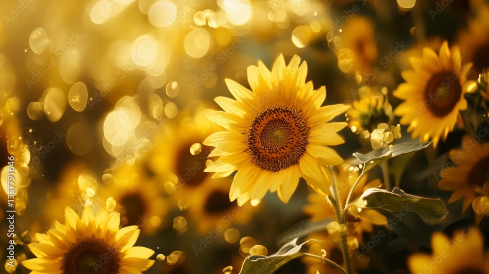 Fototapeta premium Vibrant yellow sunflowers in a field, illuminated by warm sunlight creating a bokeh effect. The image evokes feelings of warmth, joy and summer.