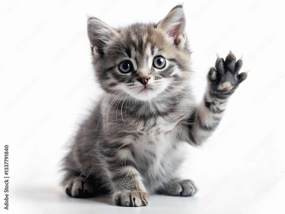 Playful Gray Kitten Waves Paw - Adorable Tilt-Shift Miniature Photo Playful Gray Kitten Waves Paw - Adorable Tilt-Shift Miniature Photo