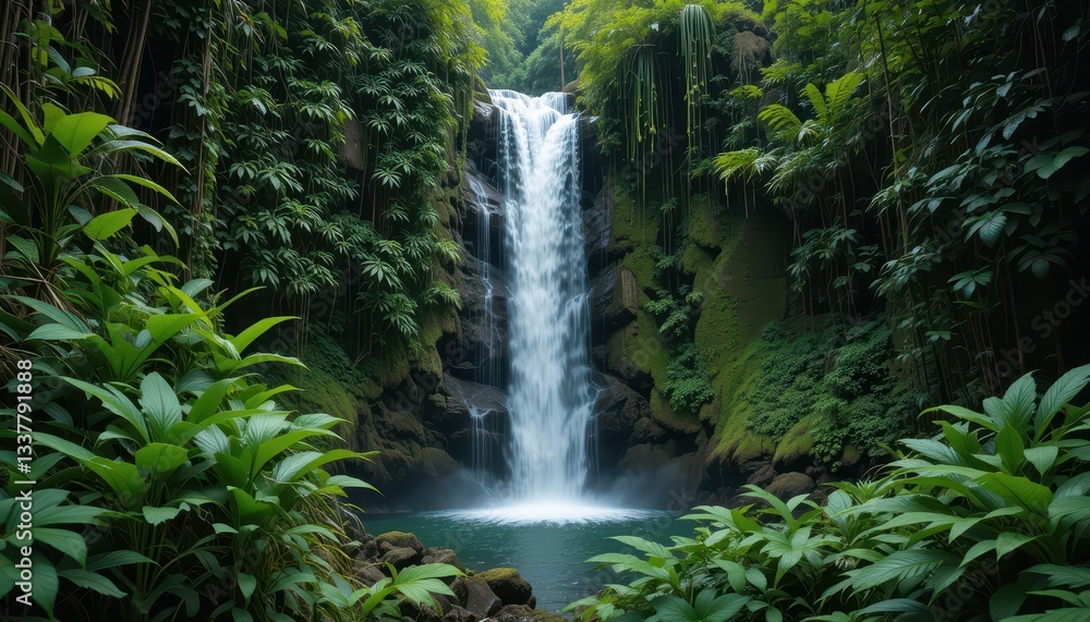 Serene Waterfall Cascading into Tropical Pool Surrounded by Lush Greenery Serene Waterfall Cascading into Tropical Pool Surrounded by Lush Greenery