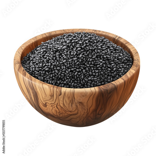 black sesame in wood bowl isolated on a transparent background