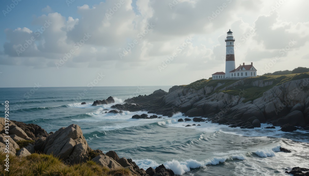 Majestic Lighthouse Overlooking Waves and Rocky Shoreline at Dawn Majestic Lighthouse Overlooking Waves and Rocky Shoreline at Dawn