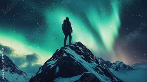 Lone Adventurer Standing on Mountain Peak Under Aurora Borealis