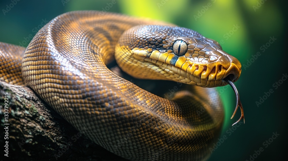Fototapeta premium Close-up shot of a python with its textured skin coiled on a branch in nature