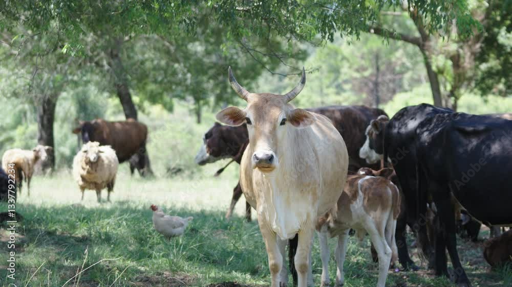 A cow chews her cud in a lush pasture, other cows grazing in the background. A cow chews her cud in a lush pasture, other cows grazing in the background.