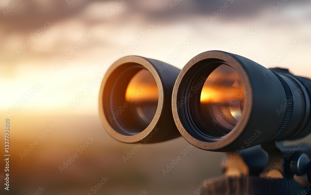 Close-up of binoculars overlooking a scenic sunset, perfect for nature lovers and outdoor enthusiasts seeking adventure. Close-up of binoculars overlooking a scenic sunset, perfect for nature lovers and outdoor enthusiasts seeking adventure.