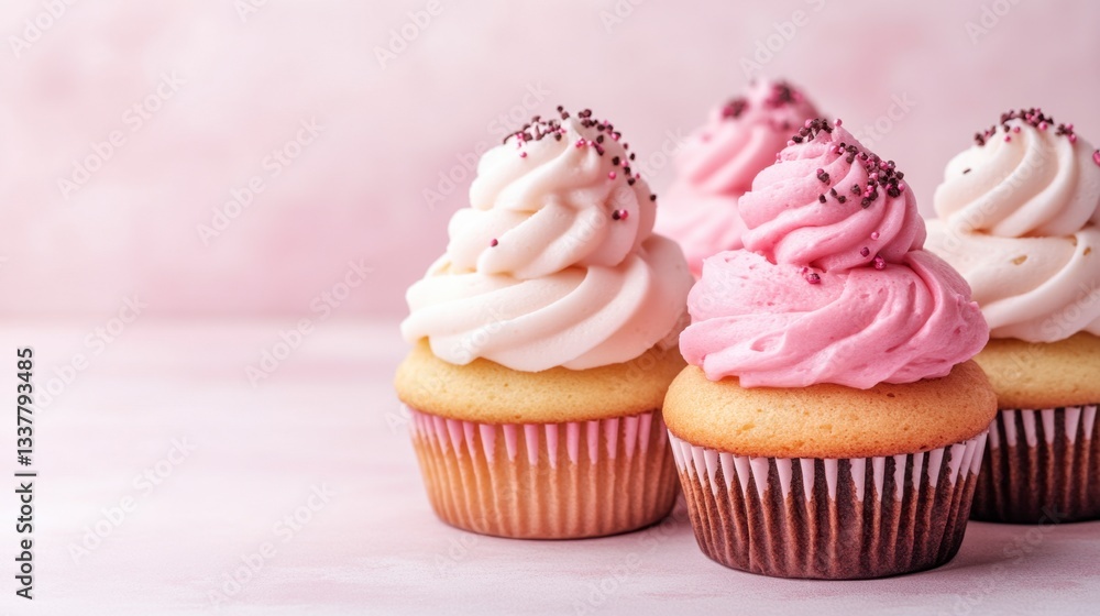 Three delicious cupcakes with pink and vanilla frosting, topped with sprinkles, sit on a pink background. 
