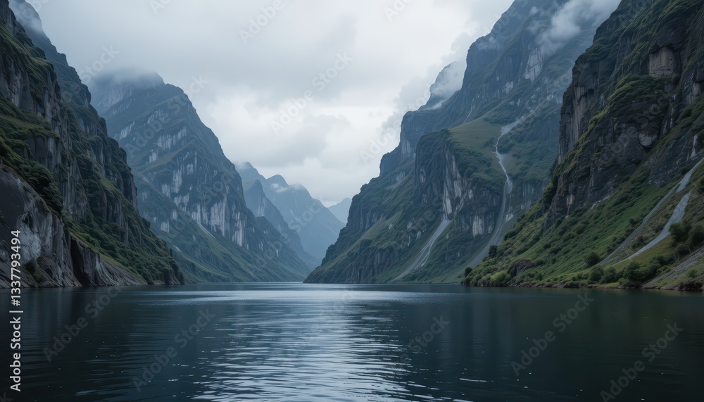 Fototapeta premium Serene Mountain Lake with Dramatic Cliffs and Overcast Sky