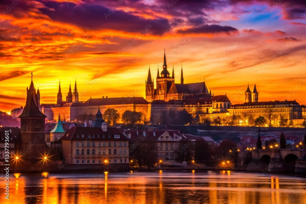 Fototapeta premium Prague Silhouette: Romantic Cityscape at Sunset - Stock Photo