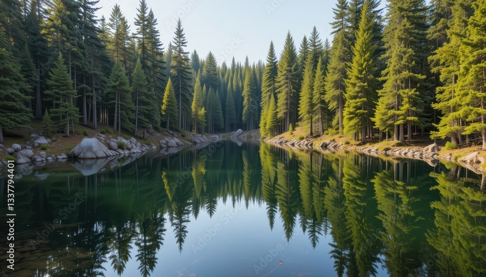 Serene Reflection of Evergreen Trees in Tranquil Blue Water Serene Reflection of Evergreen Trees in Tranquil Blue Water