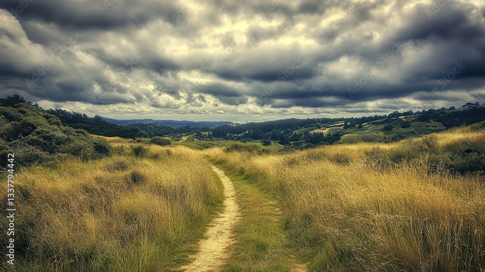 Fototapeta premium Rural path, grassy hills, stormy sky, nature walk