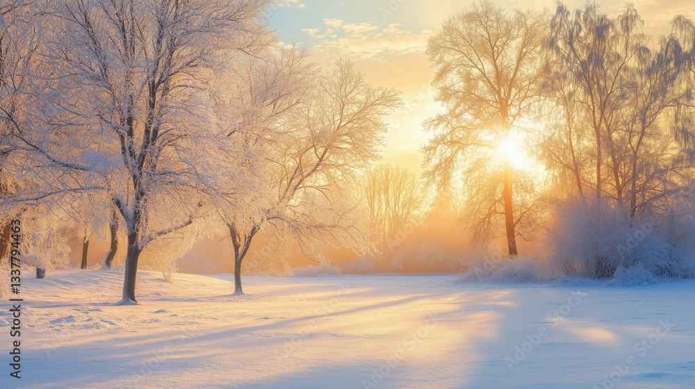 Winter landscape with frosty trees at sunrise. Snowy nature scene with golden sunlight. Winter landscape with frosty trees at sunrise. Snowy nature scene with golden sunlight.