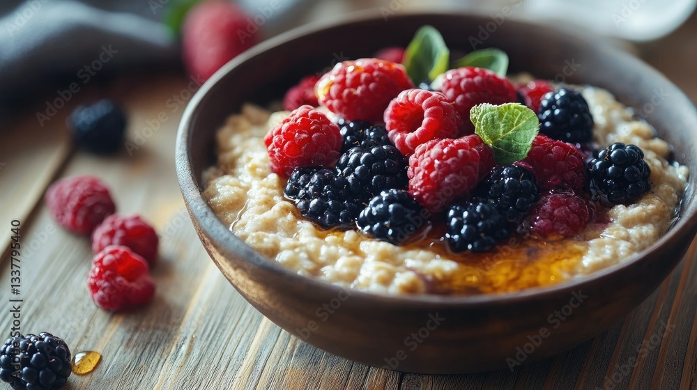 A bowl of oatmeal with fresh berries and honey on a rustic table A bowl of oatmeal with fresh berries and honey on a rustic table