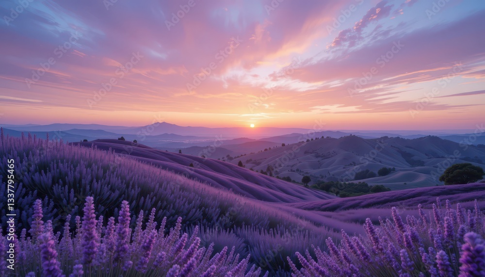 Breathtaking Lavender Fields at Sunset with Colorful Skies Breathtaking Lavender Fields at Sunset with Colorful Skies