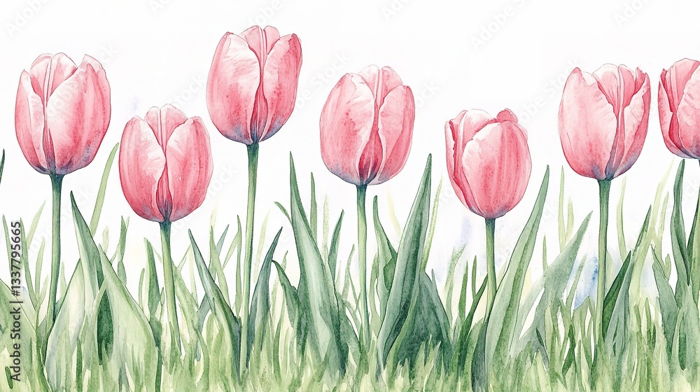 Delicate Pink Tulips in Grassy Field - Beautiful Watercolor Painting Delicate Pink Tulips in Grassy Field - Beautiful Watercolor Painting