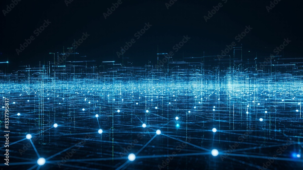 Abstract network visualization depicting connected glowing spheres and lines against a dark blue background. Abstract network visualization depicting connected glowing spheres and lines against a dark blue background.