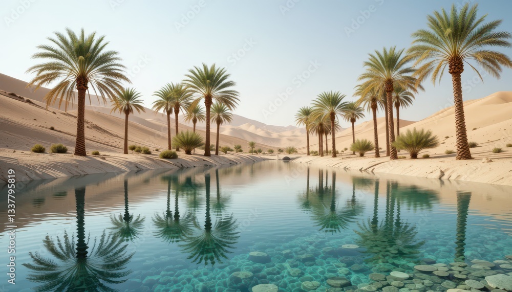 Fototapeta premium Serene Oasis with Palm Trees Reflecting in Calm Desert Water