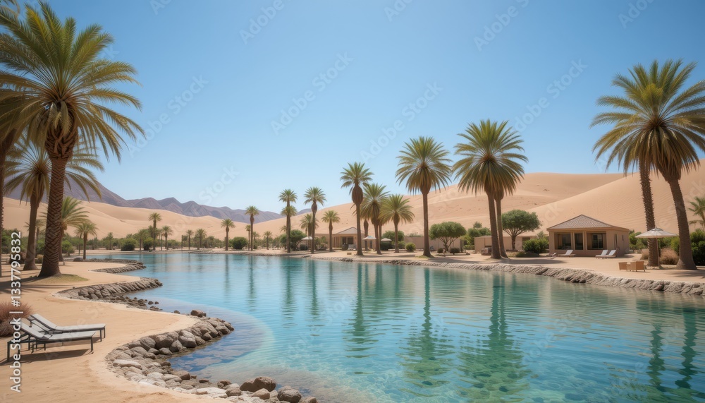 Serene Oasis with Palm Trees and Calm Water in Desert Landscape Serene Oasis with Palm Trees and Calm Water in Desert Landscape