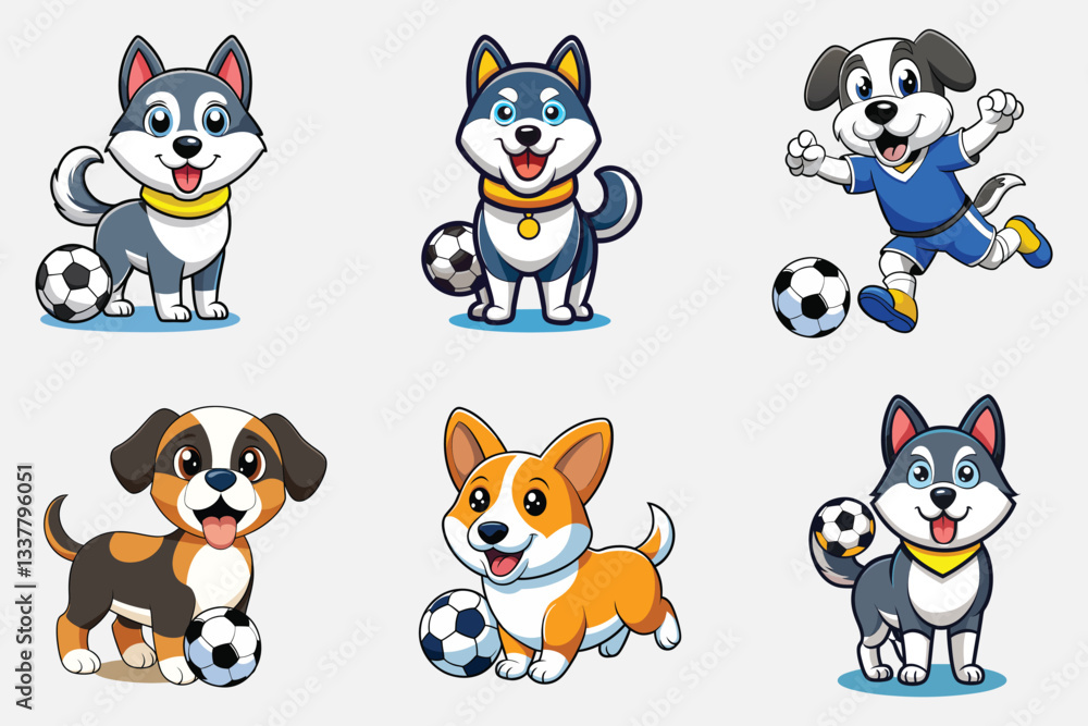Fototapeta premium Adorable Dogs Playing Soccer Cartoon Illustration,