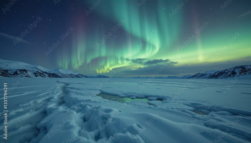Naklejka premium Breathtaking Aurora Borealis Over Icy Landscape at Night Sky