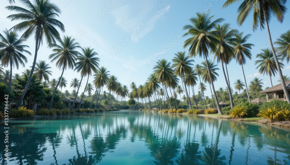 Tranquil Tropical Landscape with Palm Trees and Serene Water Reflection Tranquil Tropical Landscape with Palm Trees and Serene Water Reflection