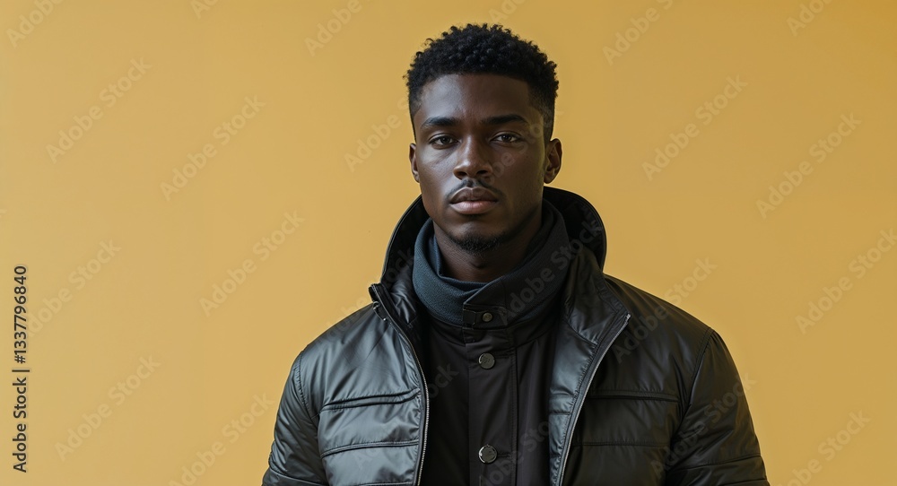 Obraz premium Black African guy in modern fashion clothing on red bright plain background model pose photo