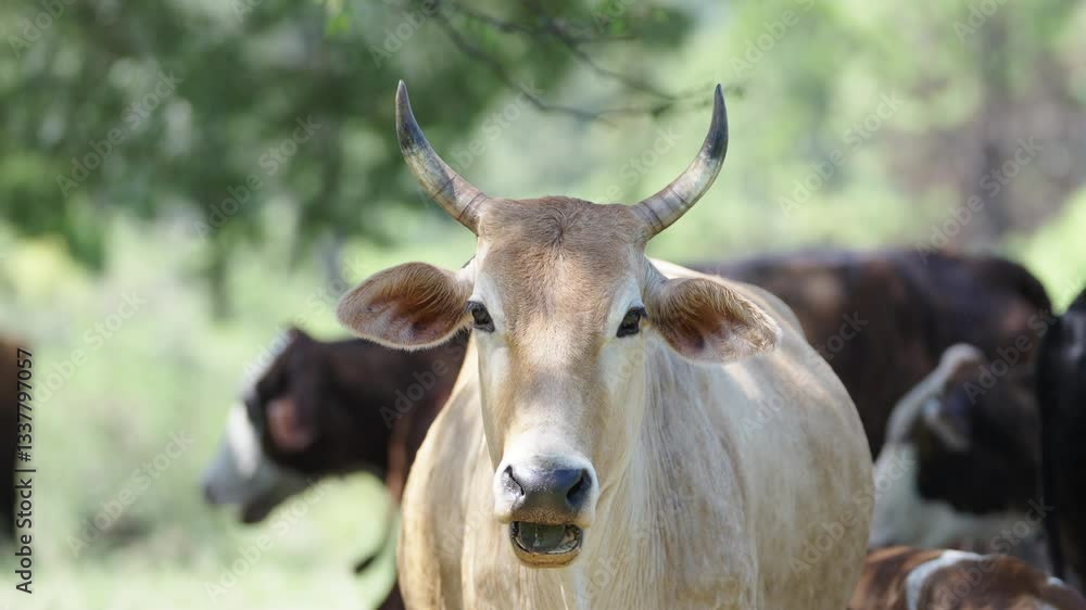 A light brown cow with large horns looking directly at the camera. A light brown cow with large horns looking directly at the camera.